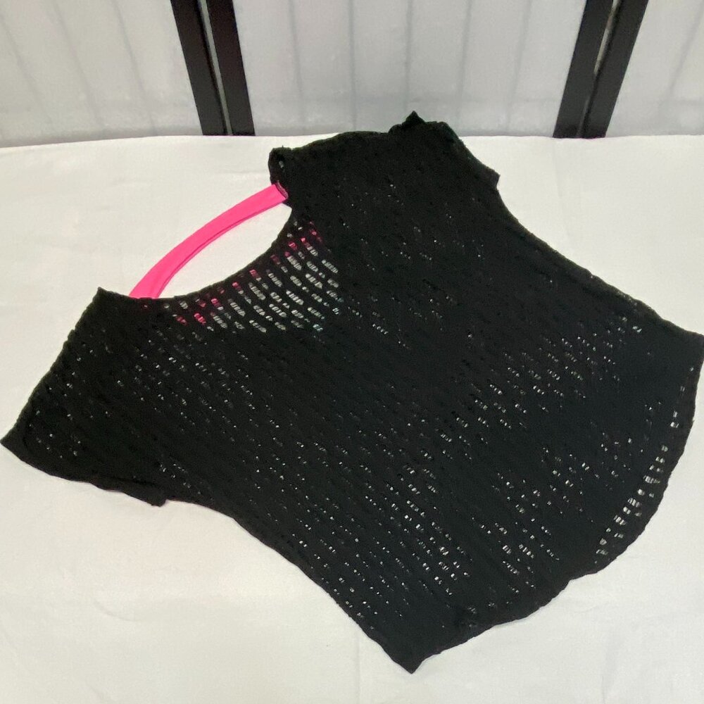 Maurices Crop Deep V Ladder Back Openwork Top Coverup L Black Pink Dolman Sleeve - Picture 8 of 12